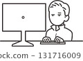 一位男性土木工程師在桌上型電腦上工作的插圖（僅線條圖） 131716009