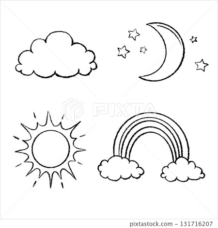 Line vector weather icon big set. Hand drawn by chalk. Outline doodle Illustration with moon, sun, rainbow, cloud and star for climate forecast. Meteorology. 131716207