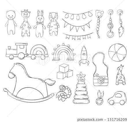 Large Vector baby toys clipart. Outline Wooden cubes, rocket, giraffe. Hand drawn ink. Welcome baby newborn. Engraving illustration for poster, invitation, baby shower, tags, printing Large Vector baby toys clipart. Outline Wooden cubes, rocket, giraffe. Hand drawn ink. Welcome baby newborn. Engraving illustration for poster, invitation, baby shower, tags, printing 131716209