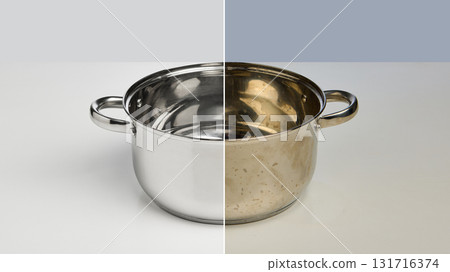 Stainless steel pot collage before and after cleaning showing restoration of shine 131716374