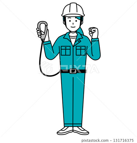 Female worker wearing a safety belt (full body) Female worker wearing a safety belt (full body) 131716375