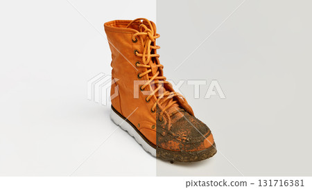 Clean and muddy orange boot collage showing before and after footwear cleaning 131716381