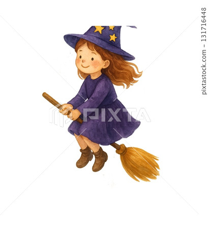 Witch girl riding a broom, cute watercolor illustration (transparent background) Witch girl riding a broom, cute watercolor illustration (transparent background) 131716448