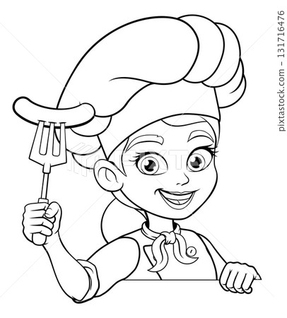 Black White Cartoon Woman Chef With Sausage Fork Black White Cartoon Woman Chef With Sausage Fork 131716476
