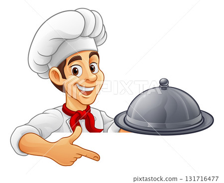 Chef Baker Cook Platter Cartoon Man Pointing Sign 131716477