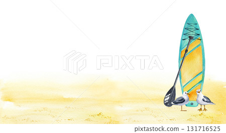 watercolor banner template, inflatable paddleboard stands on a sandy beach, black paddles, two seagull, hand drawn illustration of bright stand up paddle board, SUP, sketch of summer vacation on water 131716525