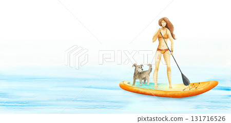 young girl and dog swims on SUP board watercolor isolated illustration. Standup paddle boarder floating in sea water on summer vacation. Modern sports outdoor activity clipart in simple sketch style young girl and dog swims on SUP board watercolor isolated illustration. Standup paddle boarder floating in sea water on summer vacation. Modern sports outdoor activity clipart in simple sketch style 131716526