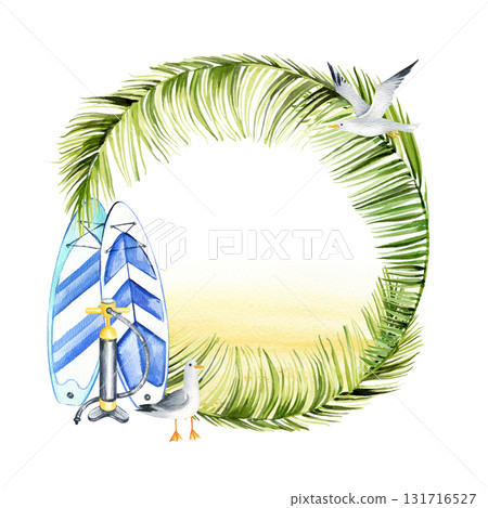 watercolor circle frame with inflatable paddleboards, pump, seabirds, fresh green palm leaves, hand drawn illustration of bright stand up paddle board and equipment, sketch of summer vacation on sea 131716527