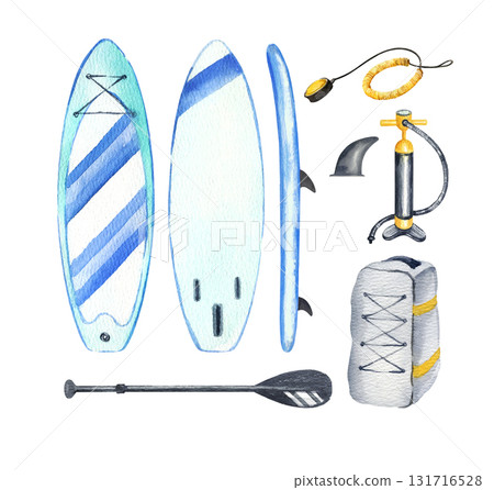 watercolor set of blue inflatable stand up paddle board and equipment, paddleboard's backpack, black paddles, pump, life belt, keel, hand drawn illustration of SUP, sketch of summer vacation on water watercolor set of blue inflatable stand up paddle board and equipment, paddleboard's backpack, black paddles, pump, life belt, keel, hand drawn illustration of SUP, sketch of summer vacation on water 131716528