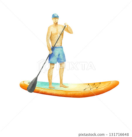 young man swims on bright orange SUP board. Standup paddle boarder floating in sea water on summer vacation, watercolor isolated illustration. Modern sports outdoor activity clipart in simple sketch 131716648