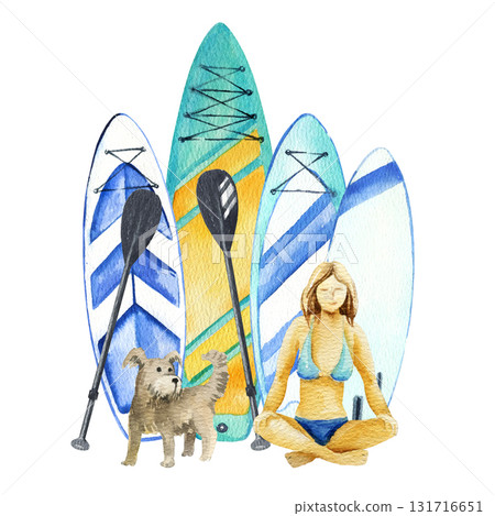 watercolor inflatable paddleboards and two paddles, sitting tanned girl in swimsuit, cute dog, hand drawn illustration of summer vacation on water, bright stand up paddle boards, sketch of beach life watercolor inflatable paddleboards and two paddles, sitting tanned girl in swimsuit, cute dog, hand drawn illustration of summer vacation on water, bright stand up paddle boards, sketch of beach life 131716651