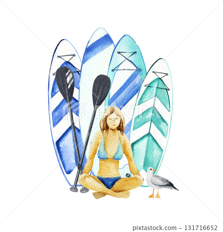 watercolor inflatable paddleboards and two paddles, sitting tanned girl in swimsuit, seabird, hand drawn illustration of summer vacation on water, bright stand up paddle boards, sketch of beach life watercolor inflatable paddleboards and two paddles, sitting tanned girl in swimsuit, seabird, hand drawn illustration of summer vacation on water, bright stand up paddle boards, sketch of beach life 131716652