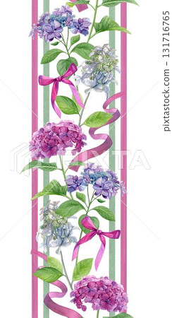 Seamless border with purple, pink and white hydrangeas. Watercolor summer flowers, pink ribbons, bows and stripes isolated on a white background. Good for wallpaper, fabric and greeting cards Seamless border with purple, pink and white hydrangeas. Watercolor summer flowers, pink ribbons, bows and stripes isolated on a white background. Good for wallpaper, fabric and greeting cards 131716765