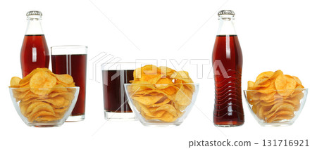 Set of mini composition with cola and potato chips isolated on transparent background Set of mini composition with cola and potato chips isolated on transparent background 131716921