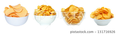 Set of plates with potato chips isolated on transparent background 131716926