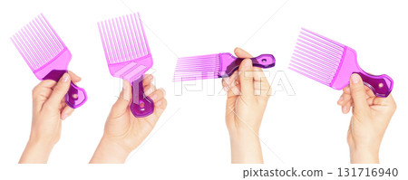Set of hand holding hair comb isolated on transparent background 131716940
