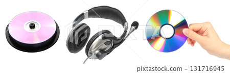 Set of music items with CD and headphones isolated on transparent background Set of music items with CD and headphones isolated on transparent background 131716945