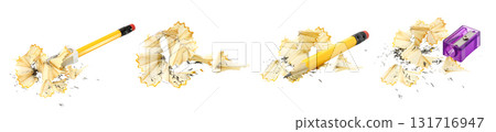 Set of pencils and shavings isolated on transparent background Set of pencils and shavings isolated on transparent background 131716947