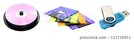 Set of vintage data storage including floppy disk, CD, and USB flash drive isolated on transparent background Set of vintage data storage including floppy disk, CD, and USB flash drive isolated on transparent background 131716951