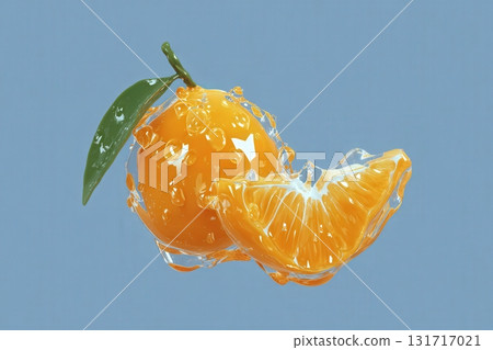 Bright orange fruit with a glossy surface and droplets of water rests next to a juicy slice. The backdrop is soft blue, highlighting the freshness and vibrancy of the fruit. 131717021