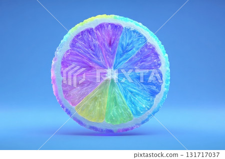 A vibrant ice slice shaped like a lemon displays a mix of purples, blues, and greens. It stands against a smooth blue background, emphasizing its colorful, transparent texture that resembles ice. 131717037
