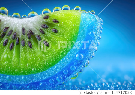 A vibrant slice of kiwi is placed against a bright blue background, covered in tiny bubbles. The green flesh and black seeds contrast beautifully with the blue, creating a refreshing visual effect. 131717038