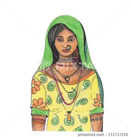 Indian women portrait drawing with colored pencils. Young women in national costume, sari, dupatta, with jewellery. Hand drawn character in children illustration style, female Eastern exotic look. 131717230