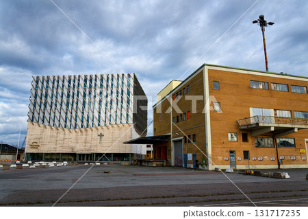 Modernist Smyrna Church Frihamnen with concert hall on the island of Hisingen, Gothenburg, Sweden 131717235