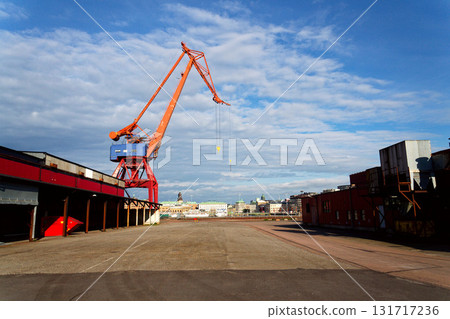 Old historic gantry cranes in Hisingen city landmark, Gothenburg, Sweden, sunny day 131717236
