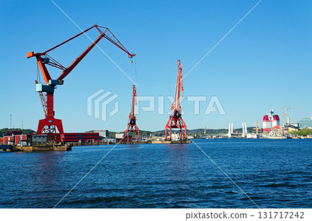 Old historic gantry cranes in Hisingen city landmark, Gothenburg, Sweden, sunny day 131717242