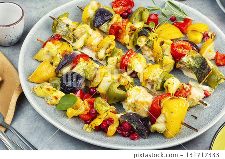 Kebab with fish and vegetables. 131717333