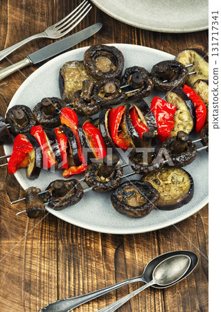 Grilled skewers with vegetables, barbecue grill. Grilled skewers with vegetables, barbecue grill. 131717341