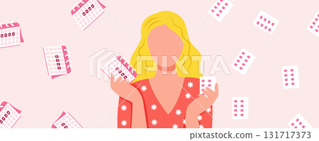 Girl holding menstrual calendar and painkillers with flying pills and calendar background. Menstrual period and women health 131717373