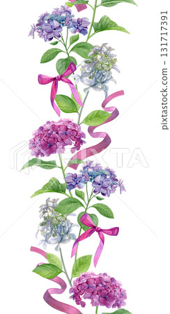 Seamless border with purple, pink and white hydrangeas. Watercolor summer flowers and pink ribbons isolated on a white background. Good for wallpaper, fabric and greeting cards 131717391