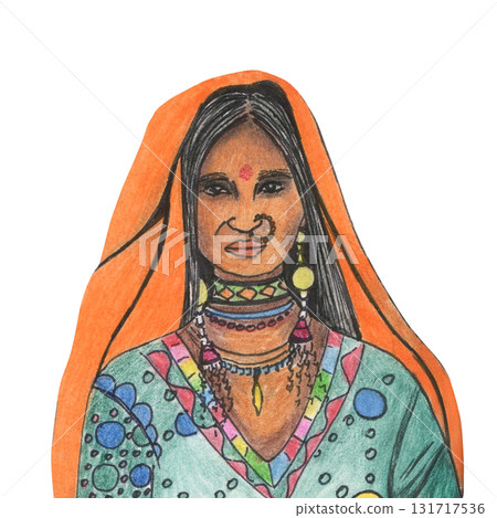 Indian women portrait with bindi, drawing colored pencils. Adult women in national costume, sari, dupatta and jewelry. Hand drawn character in children illustration, female Eastern exotic image 131717536