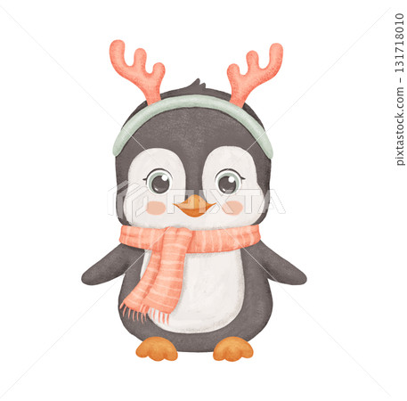 Cute penguin with red deer antlers. Funny Christmas animal isolated on white background. Childish watercolor festive illustration. 131718010