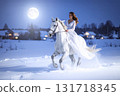 A white horse and a woman in a white dress running on a snowy moonlit night_03 131718345