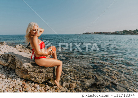 Woman Red Bikini Beach Relaxation: Seashore Summer Photo Shoot, Coastal Idyll 131718374