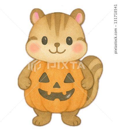 一隻穿著南瓜裝的松鼠的可愛插畫。毛茸茸的角色設計非常適合萬聖節。 131718541
