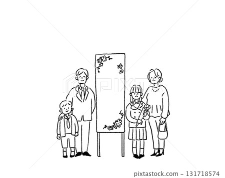 Parents and children (elementary school students, junior high school students) taking commemorative photos at entrance ceremonies, graduation ceremonies, celebrations, and ceremonies, line drawings 131718574