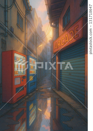Retro Anime Alley With Vending Machines And Arcade Sign After Rain 131718647