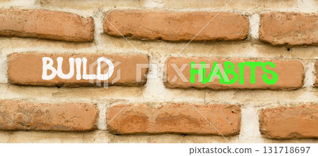 Build habits symbol. Concept word Build habits on beautiful old brown brick wall. Beautiful old brown brick wall background. Old brick wall. Business build habits concept. Copy space. 131718697
