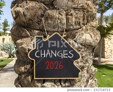 Changes 2026 symbol. Concept words Changes 2026 on beautiful black blackboard. Beautiful palm tree palm-tree background. Business and changes 2026 concept. Copy space. Changes 2026 symbol. Concept words Changes 2026 on beautiful black blackboard. Beautiful palm tree palm-tree background. Business and changes 2026 concept. Copy space. 131718723