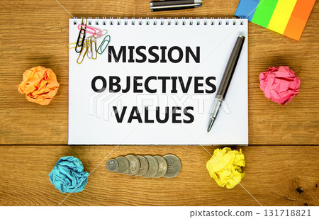 Mission objectives values symbol. Concept words Mission Objectives Values on beautiful white note. Beautiful wooden background. Black pen. Business mission objectives values concept. Copy space. 131718821