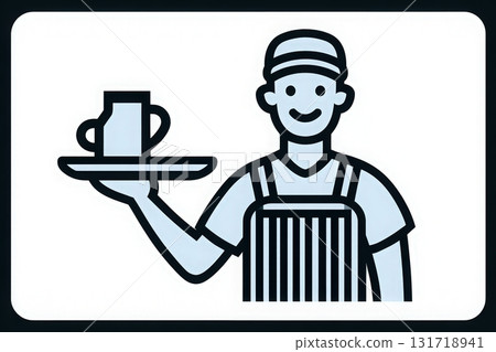 A cheerful server stands holding a tray with a beverage, wearing an apron and cap. The setting suggests a casual dining environment during daylight hours, welcoming guests. 131718941
