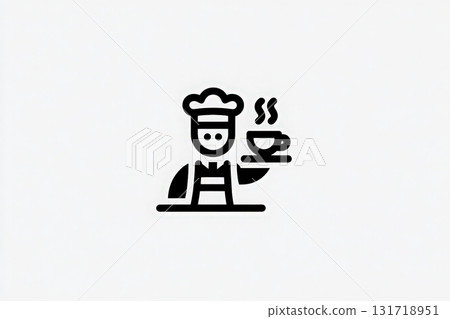 A cheerful chef stands in a modern cafe, holding a steaming cup of coffee. The chef wears an apron and a hat, showcasing a friendly demeanor. 131718951