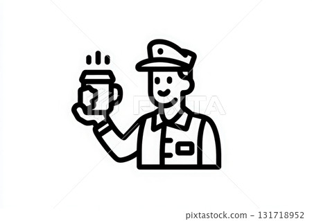 A cheerful server stands proudly, holding a frosty mug of beer with steam rising. They wear a uniform and smile, creating a welcoming atmosphere at a bar. 131718952
