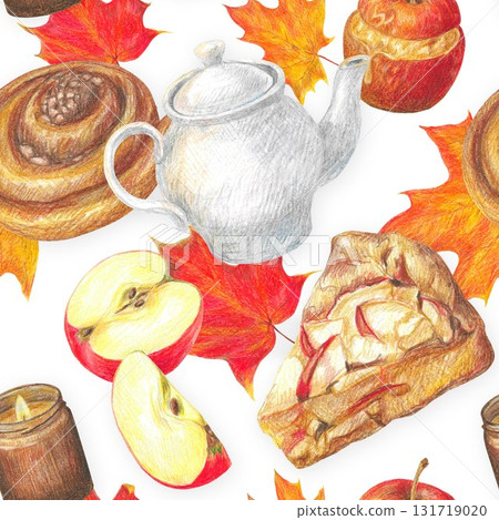 Hand drawn seamless pattern with pice of apple pie, apple slices and autumn maple leaves, teapot, candle, baked caramel apple for graphic design. Autumn sweet food. Hand drawn seamless pattern with pice of apple pie, apple slices and autumn maple leaves, teapot, candle, baked caramel apple for graphic design. Autumn sweet food. 131719020
