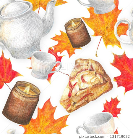 Hand drawn seamless pattern with pice of apple pie, autumn maple leaves, white porcelain teapot, cup, dark glass candle for graphic design. Hand drawn seamless pattern with pice of apple pie, autumn maple leaves, white porcelain teapot, cup, dark glass candle for graphic design. 131719022