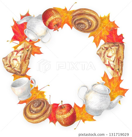 Hand drawn round frame with pice of apple pie, baked caramel apple, cinnamon bun, white porcelain teapot, cup and autumn maple leaves. 131719029